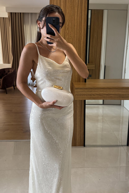 Lillie Krem Payetli Askılı Elbise