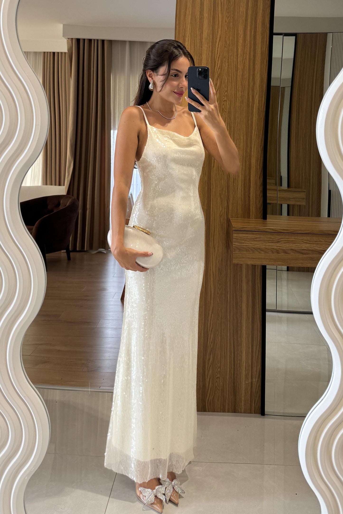 Lillie Krem Payetli Askılı Elbise