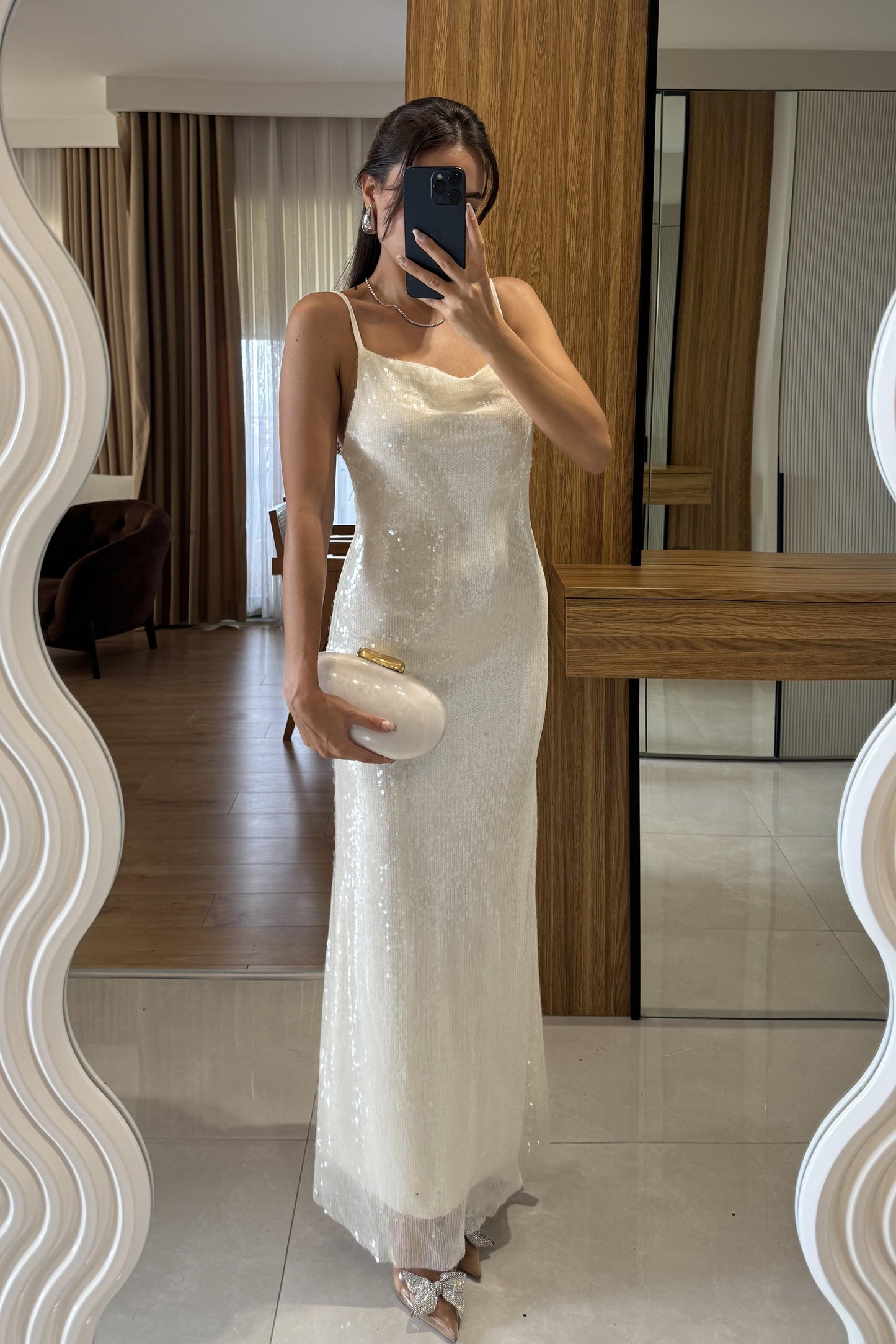 Lillie Krem Payetli Askılı Elbise