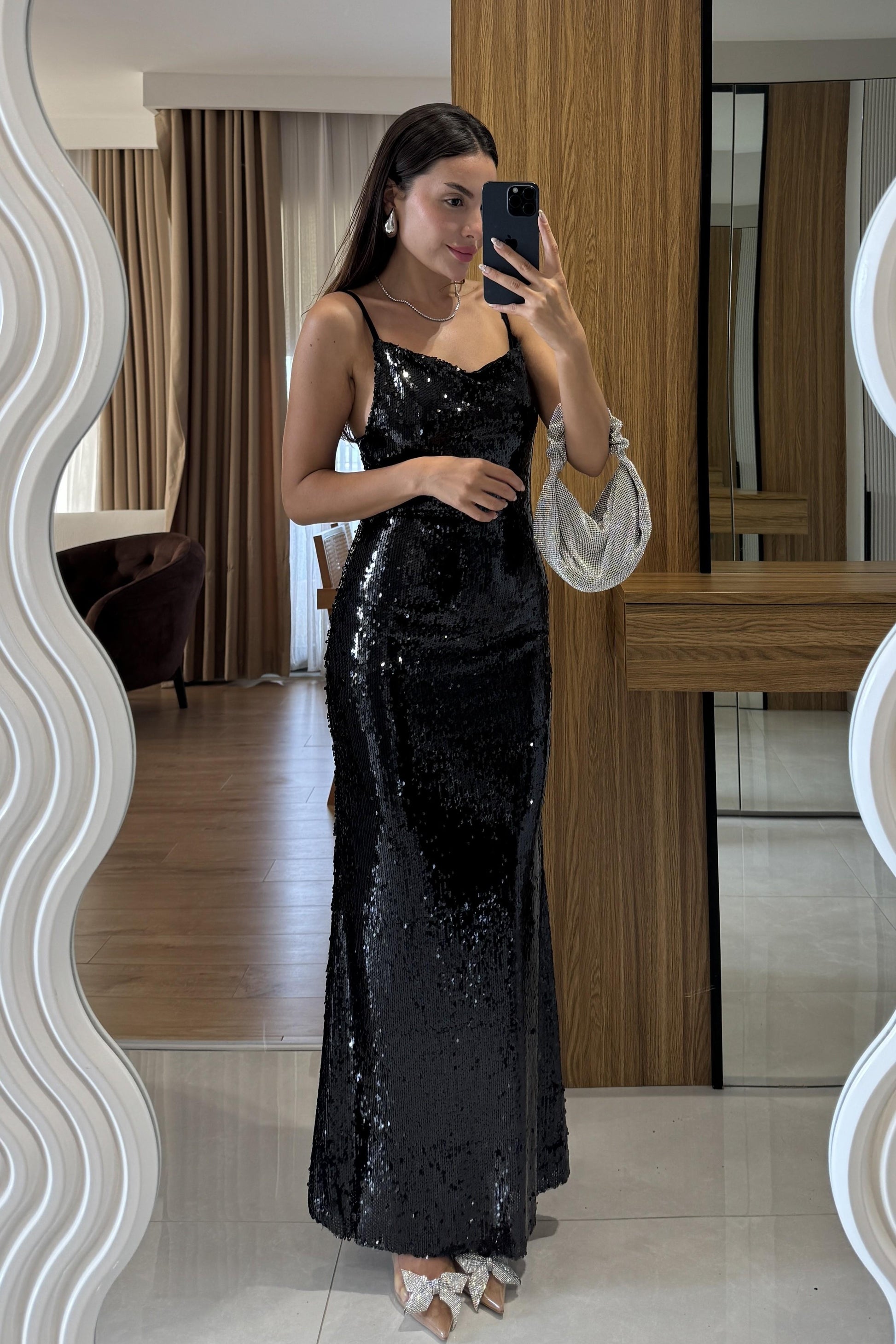 Lillie Siyah Payetli Askılı Elbise