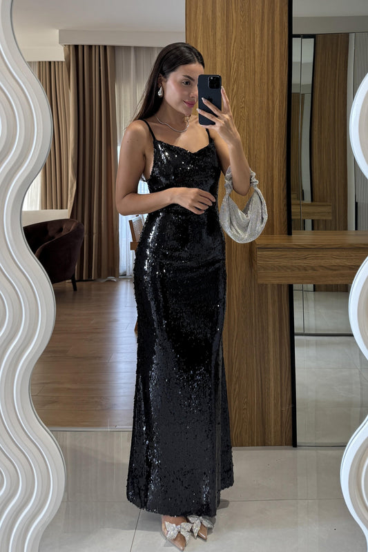 Lillie Siyah Payetli Askılı Elbise