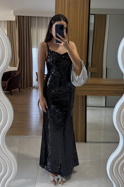 Lillie Siyah Payetli Askılı Elbise