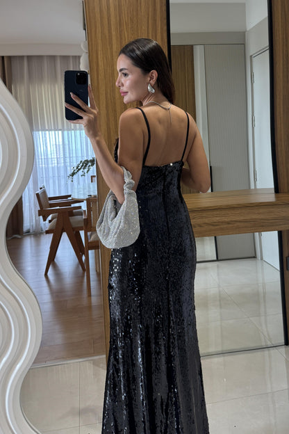 Lillie Siyah Payetli Askılı Elbise