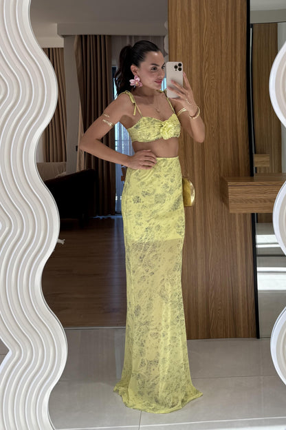 Lime Şifon Gül Detay Takım