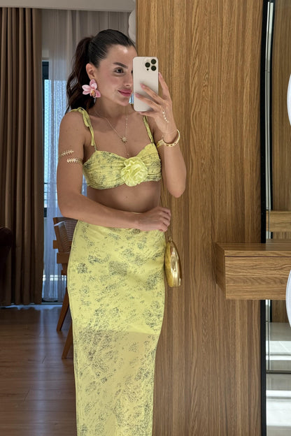 Lime Şifon Gül Detay Takım