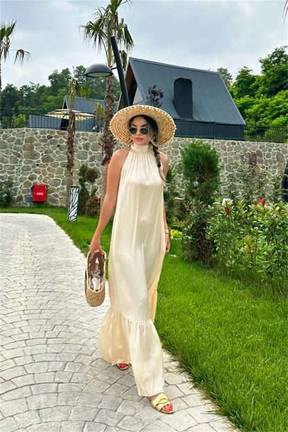 Krem maxi saten elbise