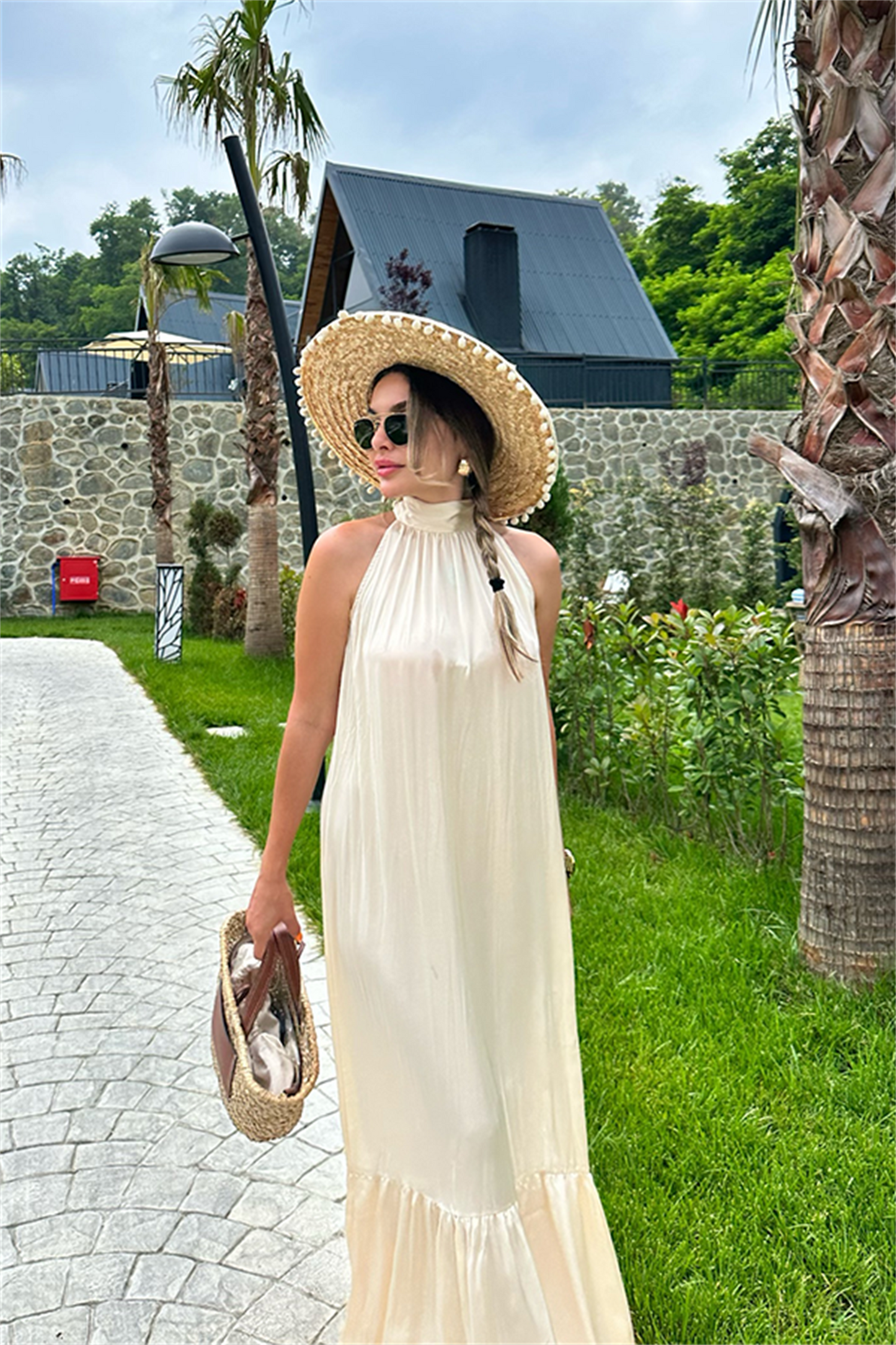 Krem maxi saten elbise