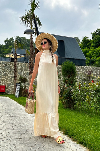 Krem maxi saten elbise