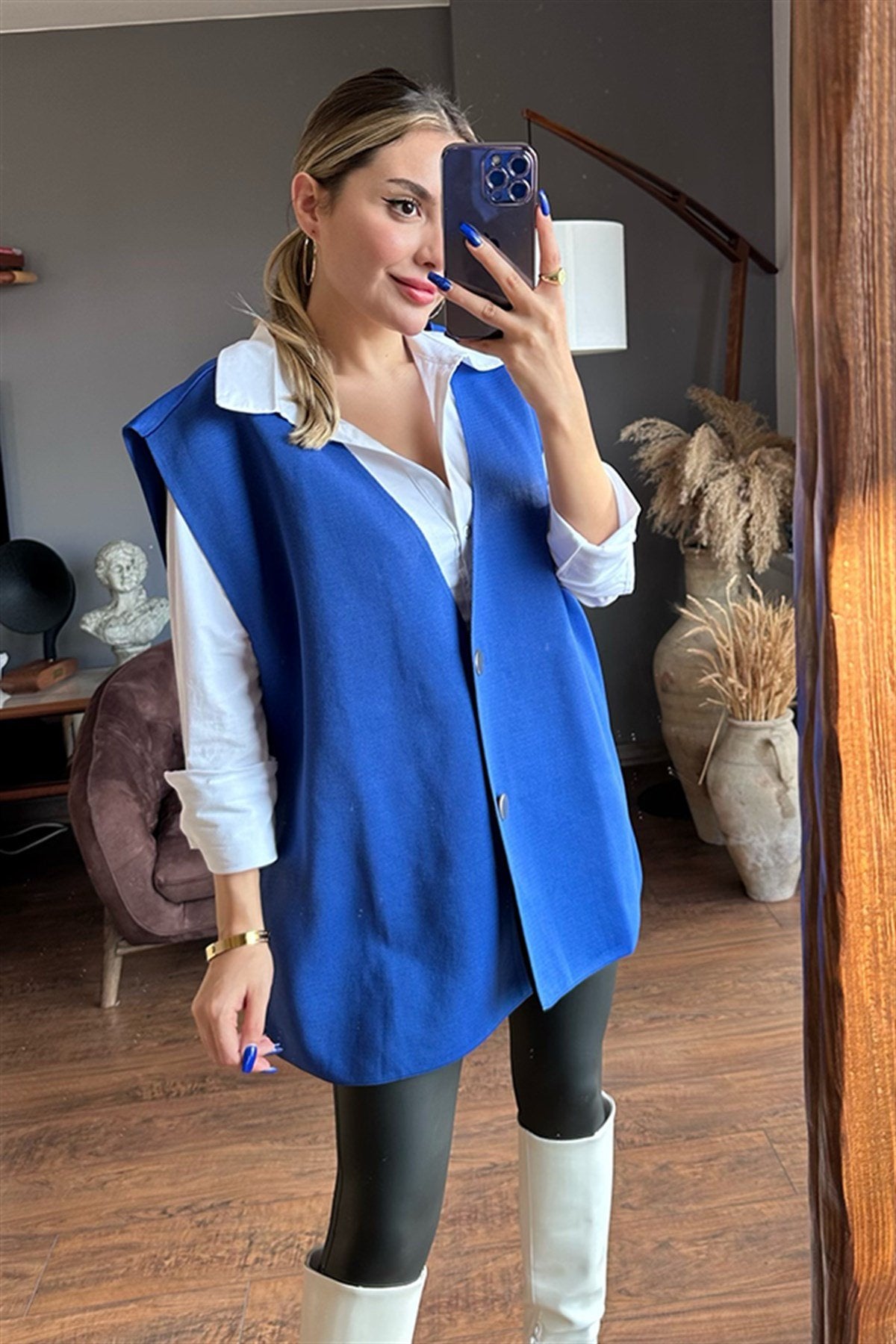 Lina oversize mavi tasarım yelek