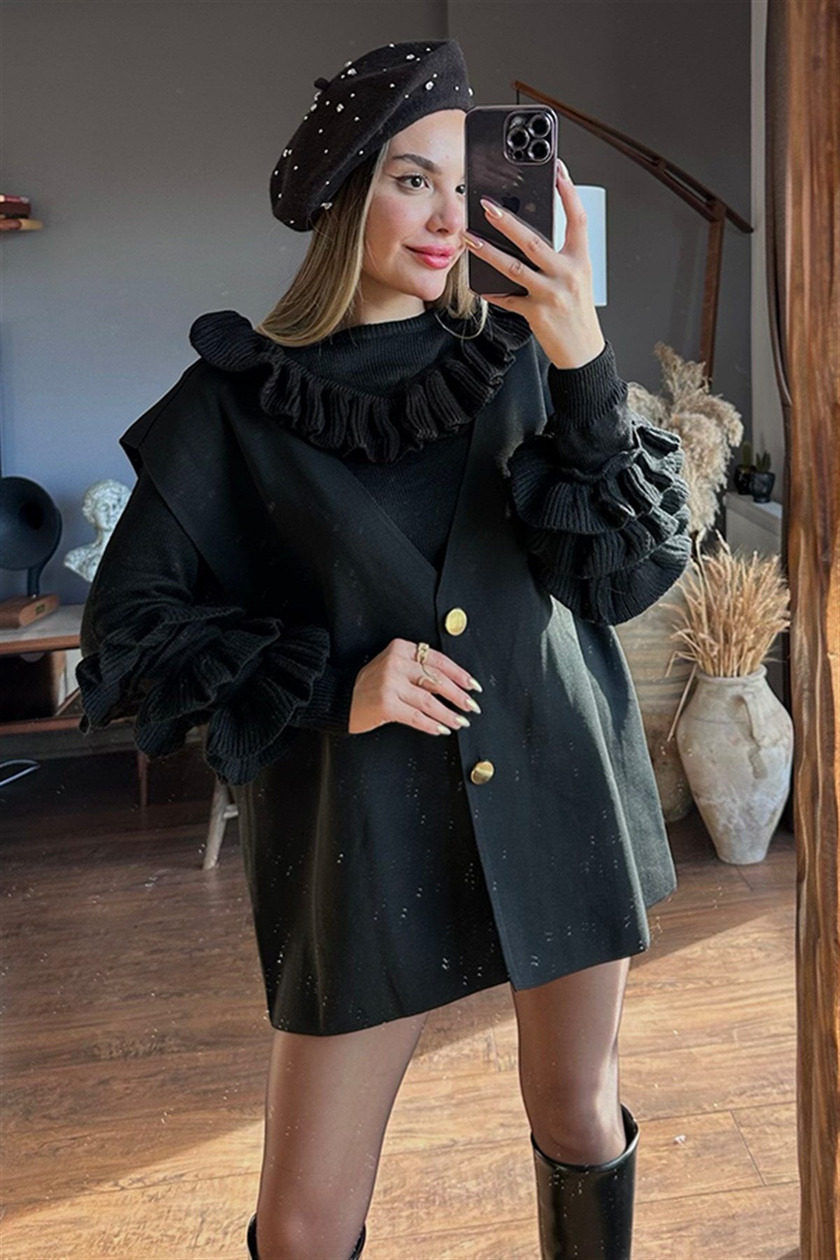 Lina oversize siyah tasarım yelek