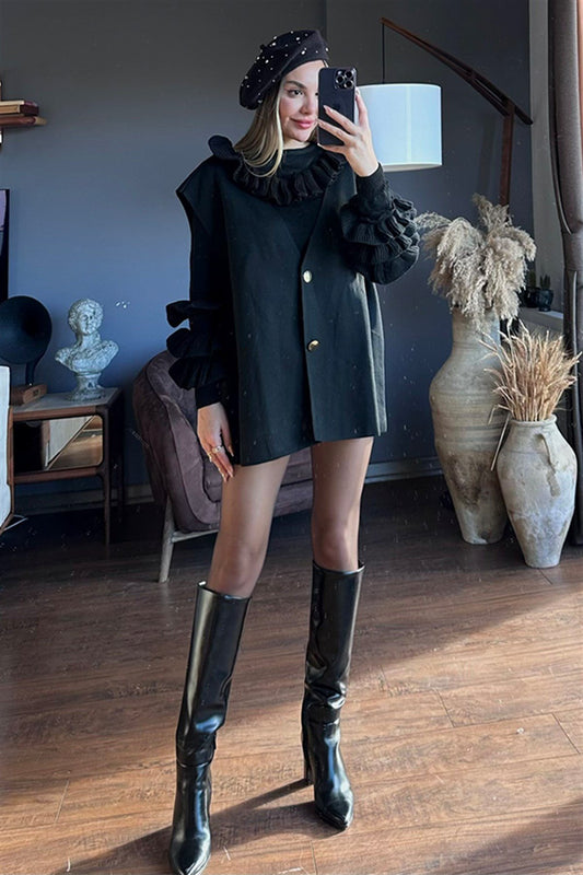 Lina oversize siyah tasarım yelek
