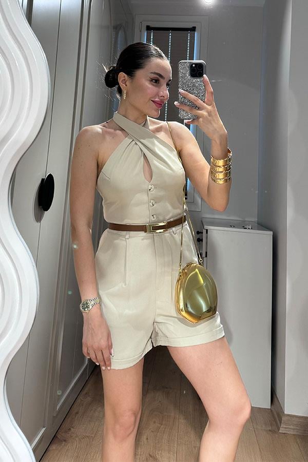 Lindon Boyundan Bağlamalı Sırt Dekolteli Şort Takım-Taş