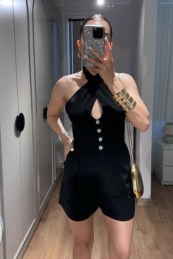 Lindon Boyundan Bağlamalı Sırt Dekolteli Şort Takım-Siyah