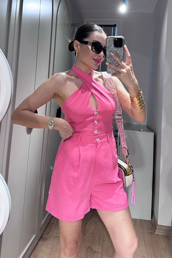 Lindon Boyundan Bağlamalı Sırt Dekolteli Şort Takım-Pembe