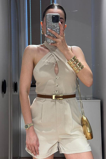 Lindon Boyundan Bağlamalı Sırt Dekolteli Şort Takım-Taş