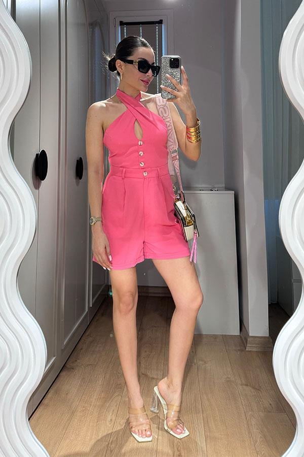 Lindon Boyundan Bağlamalı Sırt Dekolteli Şort Takım-Pembe