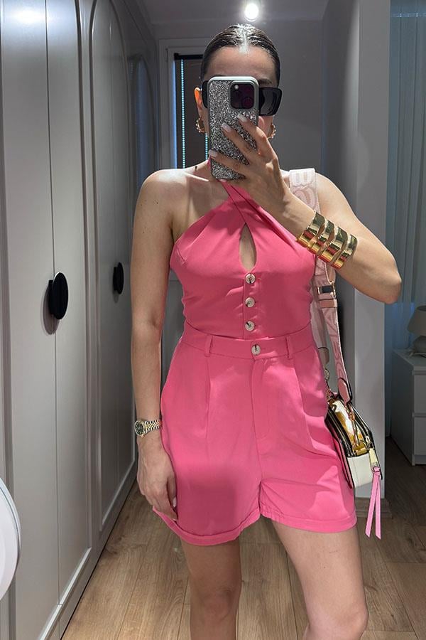 Lindon Boyundan Bağlamalı Sırt Dekolteli Şort Takım-Pembe