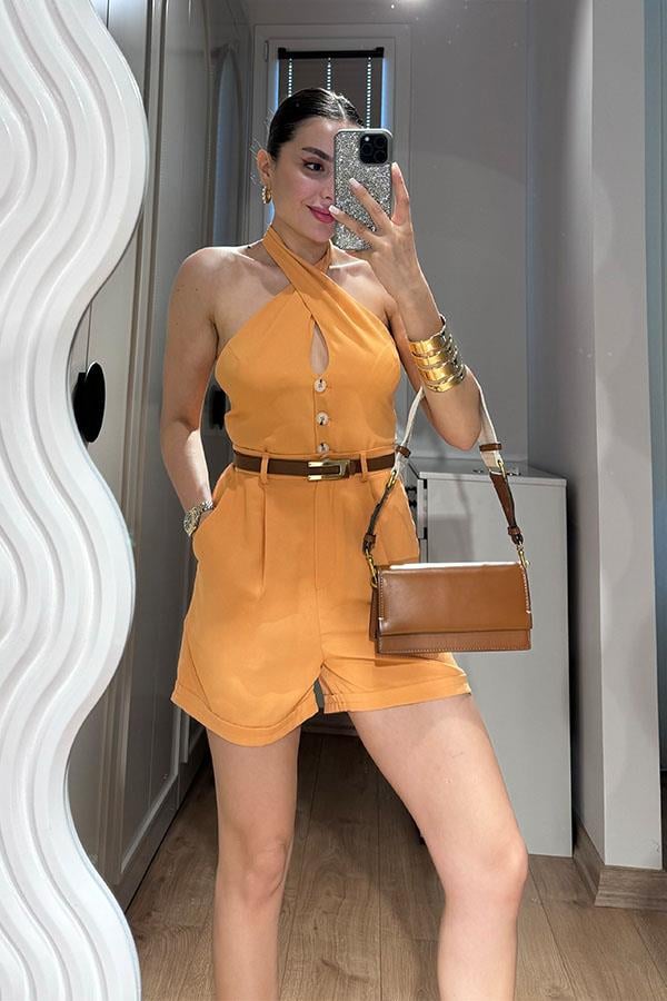 Lindon Boyundan Bağlamalı Sırt Dekolteli Şort Takım-Hardal