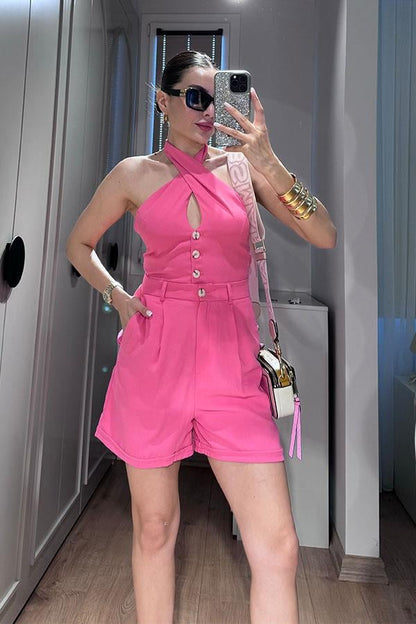 Lindon Boyundan Bağlamalı Sırt Dekolteli Şort Takım-Pembe