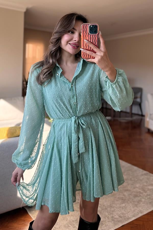 Lindsy Ponpon Detaylı Kemerli Elbise - Su Yeşil