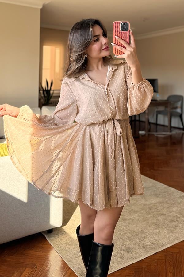 Lindsy Ponpon Detaylı Kemerli Elbise - Sütlü Kahve