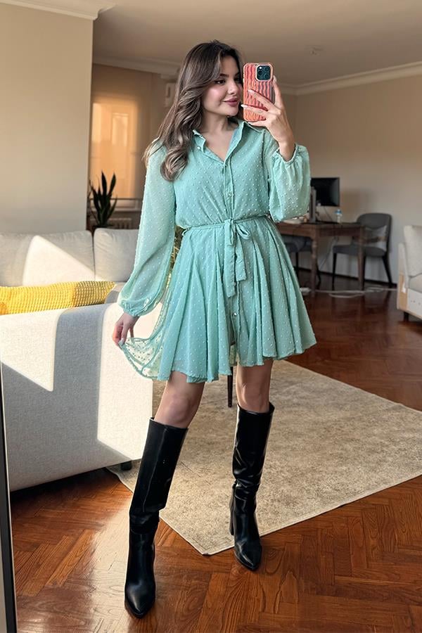 Lindsy Ponpon Detaylı Kemerli Elbise - Su Yeşil