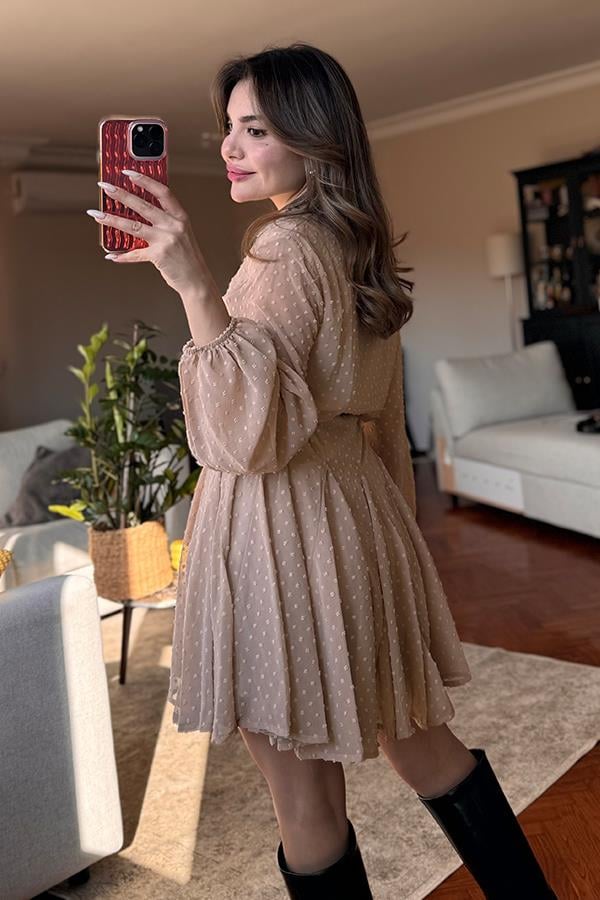 Lindsy Ponpon Detaylı Kemerli Elbise - Sütlü Kahve