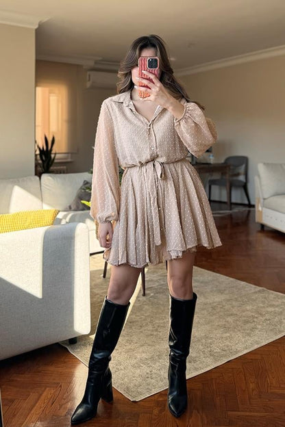 Lindsy Ponpon Detaylı Kemerli Elbise - Sütlü Kahve