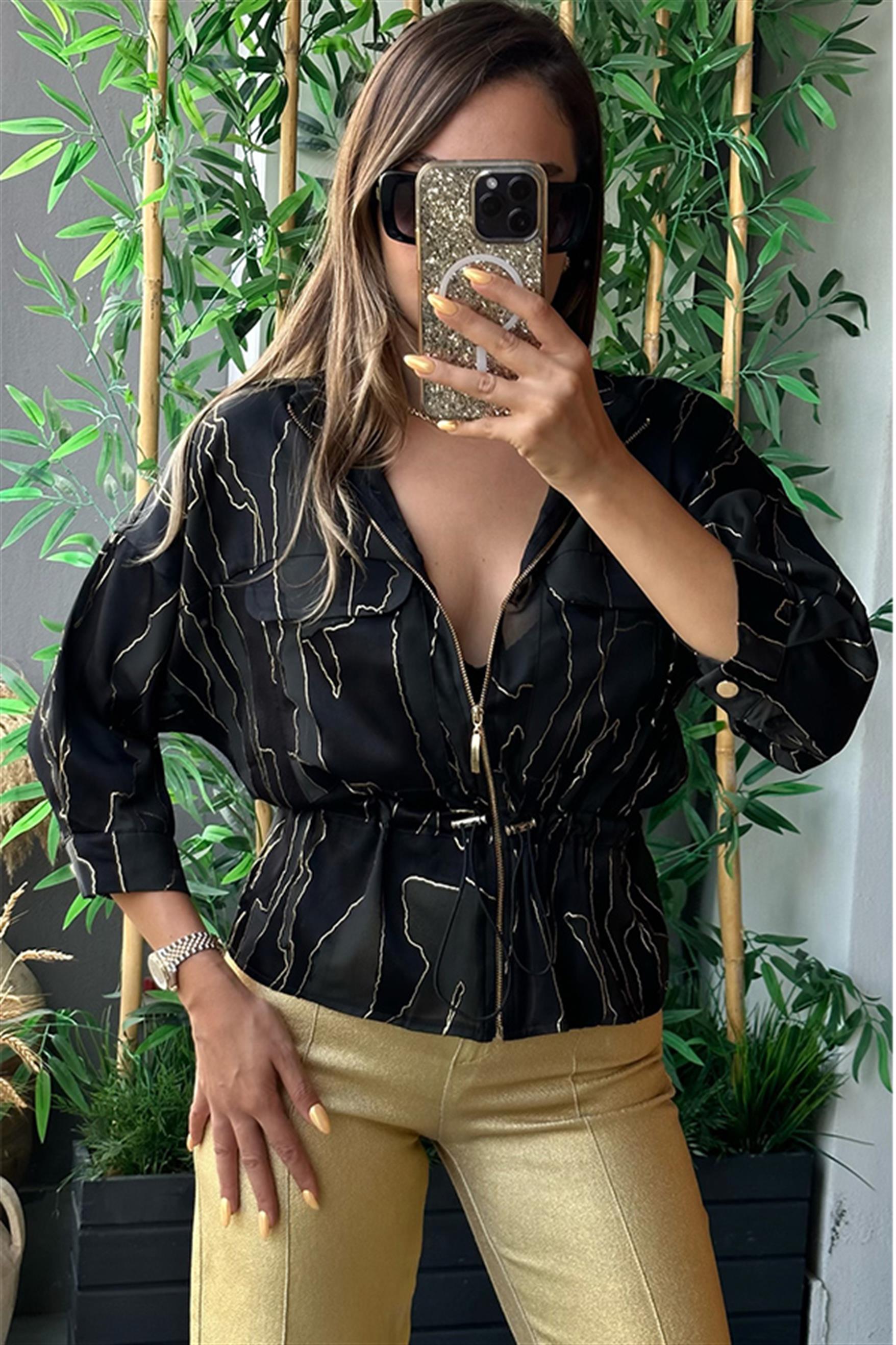 Line gold geçişli simli tül ceket