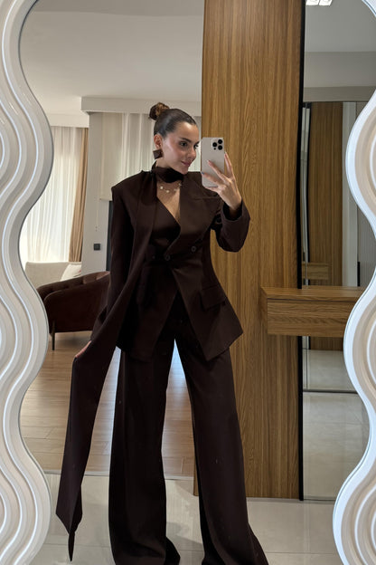 Liner Kahve Şallı Kruvaze Ceket ve Palazzo Pantolon Premium Tasarım Takım