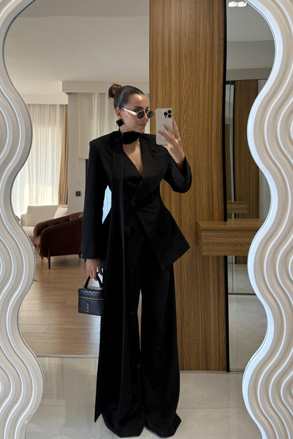 Liner Siyah Şallı Kruvaze Ceket ve Palazzo Pantolon Premium Tasarım Takım
