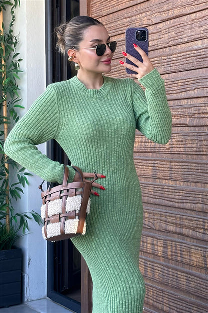 Linosa Triko Kışlık Elbise - Fıstık Yeşil