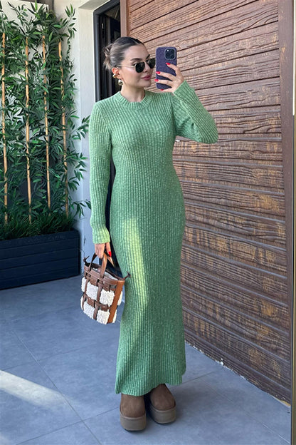 Linosa Triko Kışlık Elbise - Fıstık Yeşil