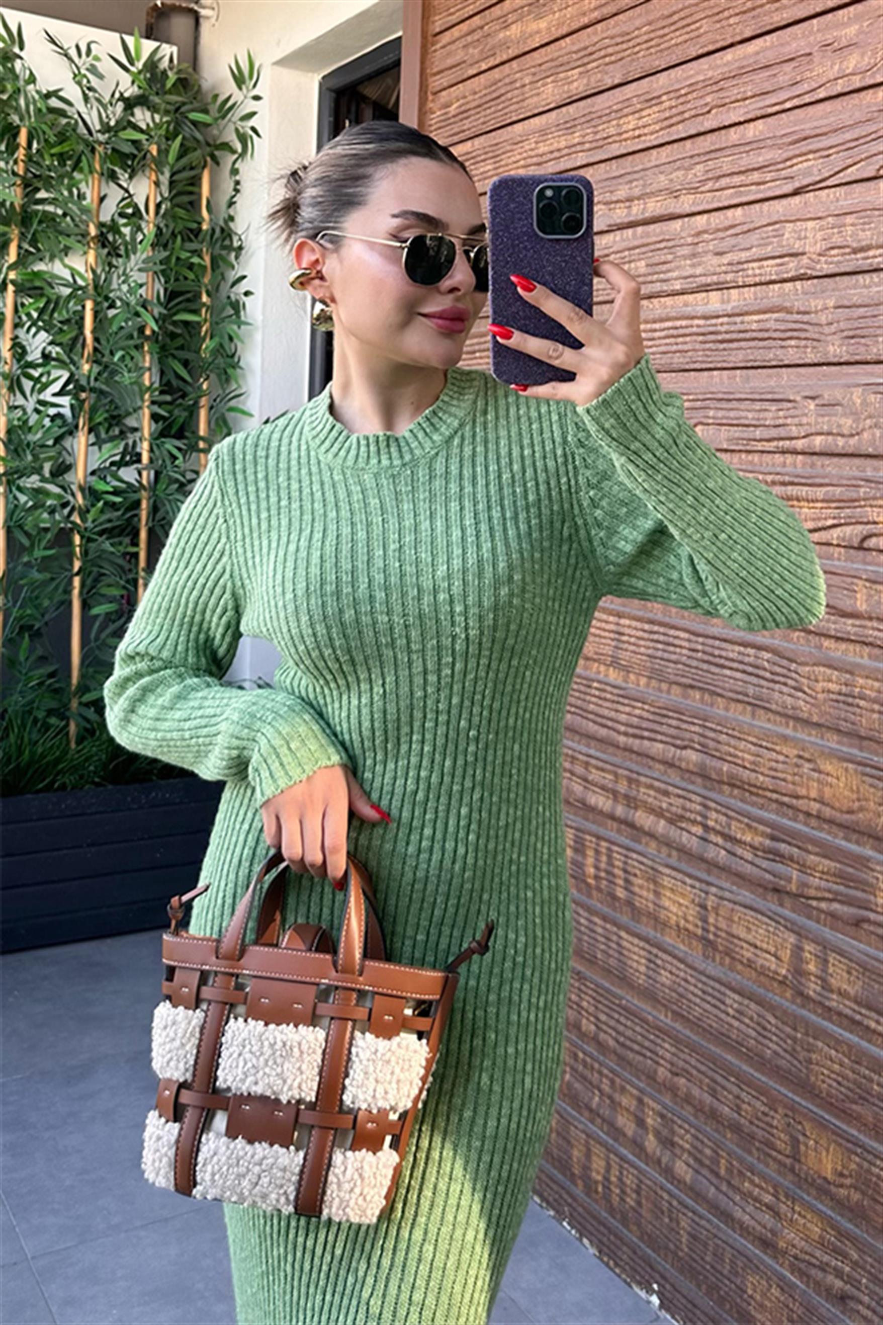 Linosa Triko Kışlık Elbise - Fıstık Yeşil