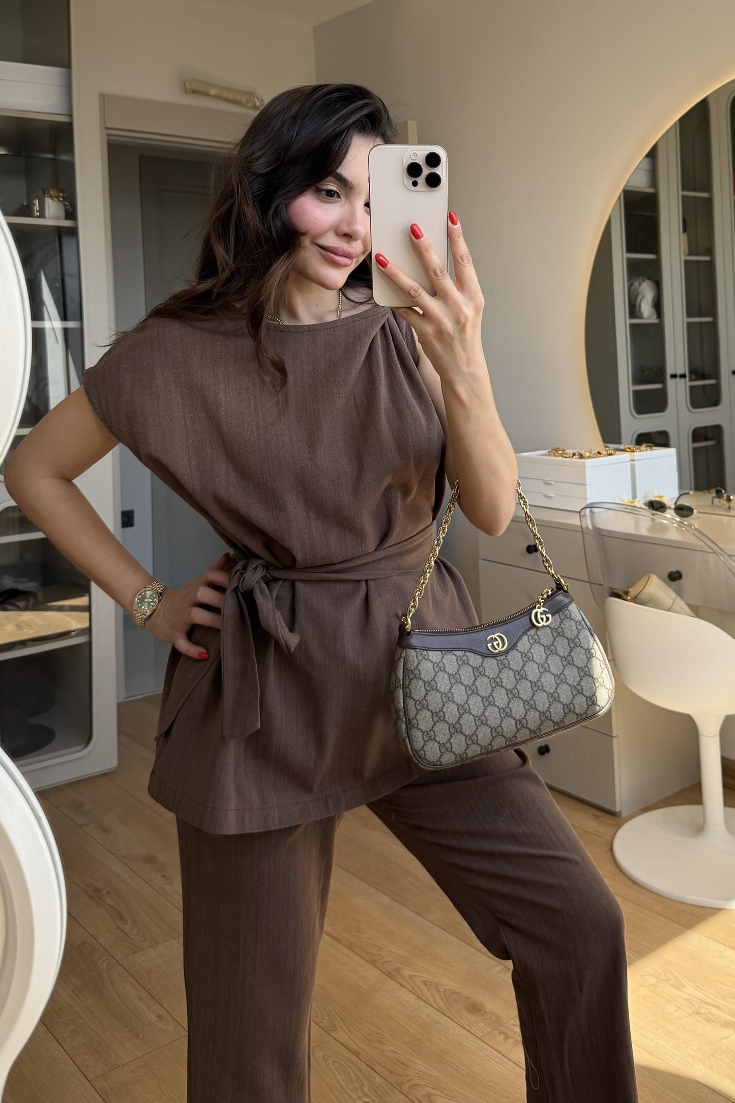 Lipa Kahve Omuz Detay Kuşaklı Takım