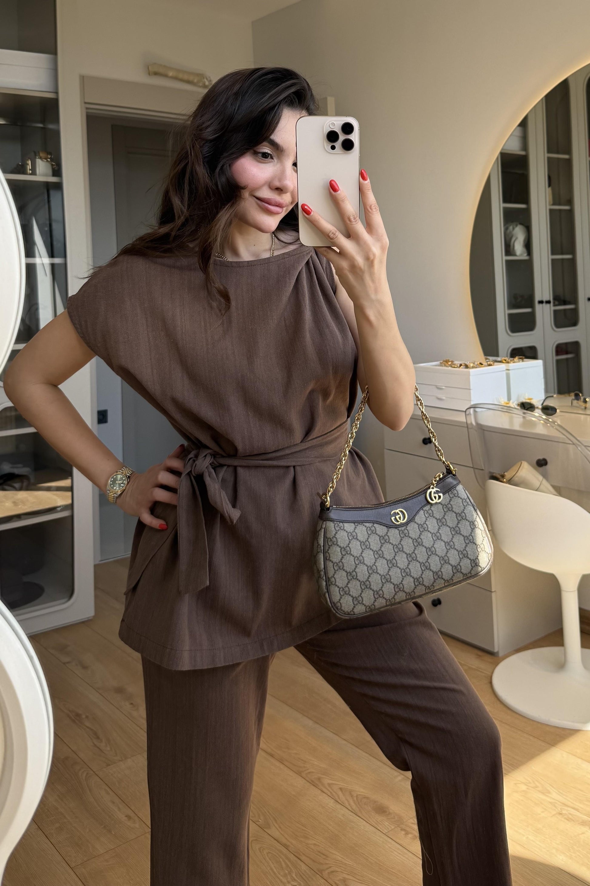 Lipa Kahve Omuz Detay Kuşaklı Takım