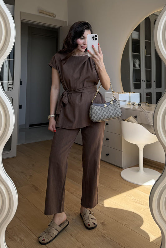 Lipa Kahve Omuz Detay Kuşaklı Takım