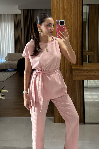 Lipa Pembe Omuz Detay Kuşaklı Takım