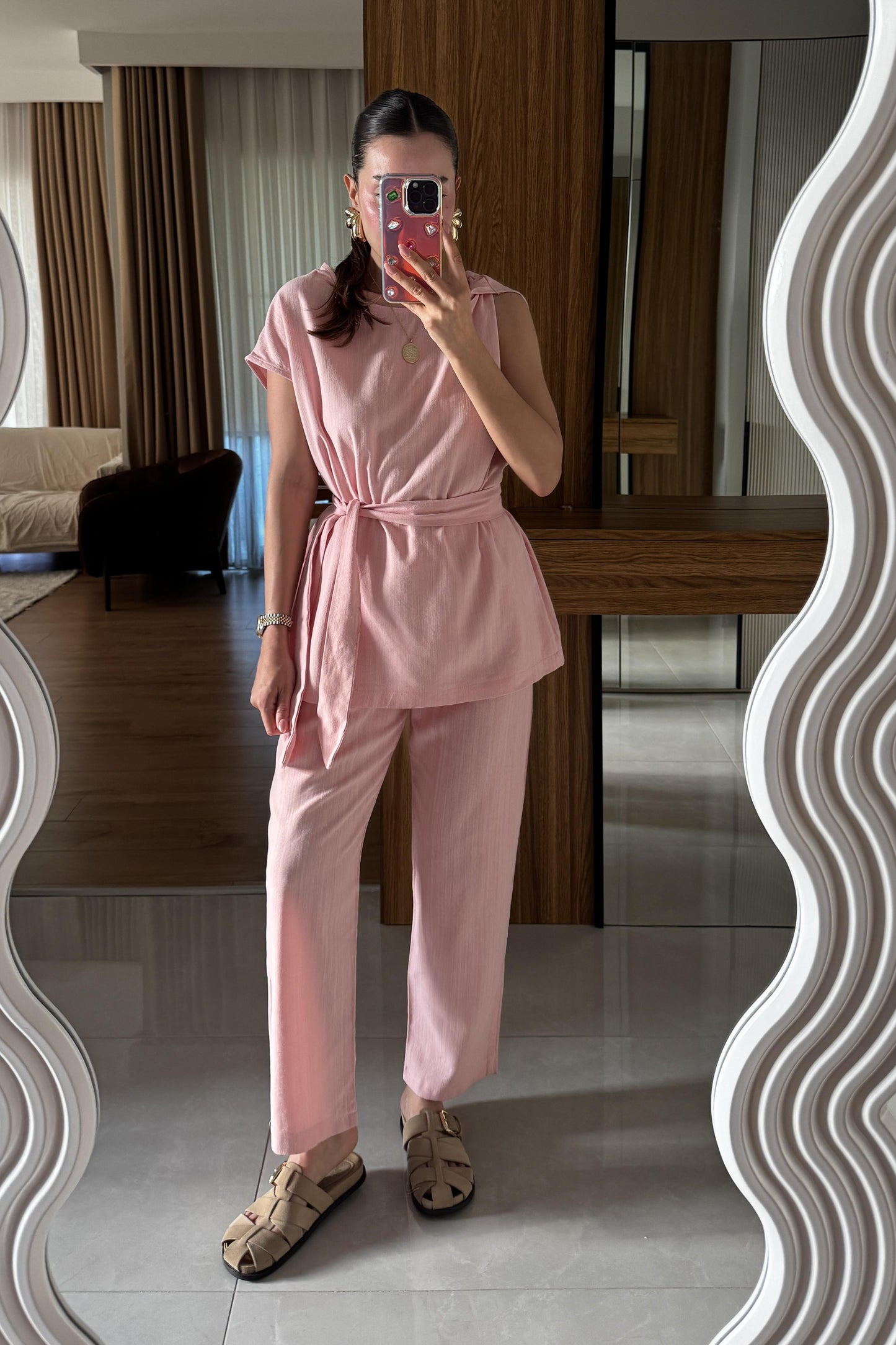 Lipa Pembe Omuz Detay Kuşaklı Takım