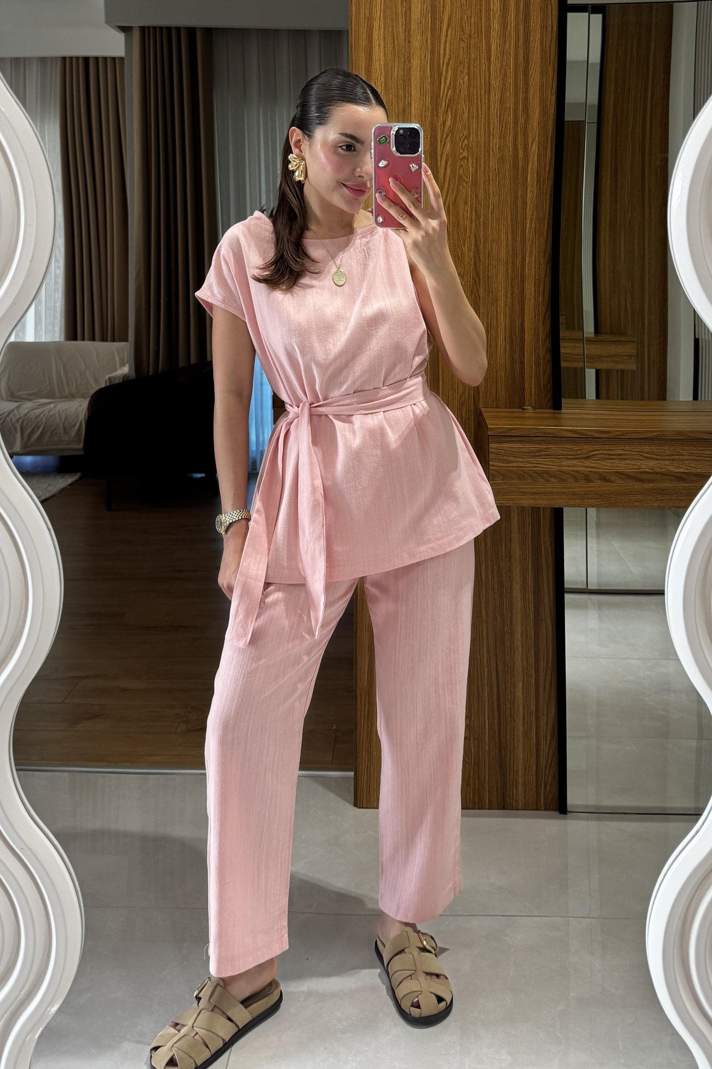 Lipa Pembe Omuz Detay Kuşaklı Takım