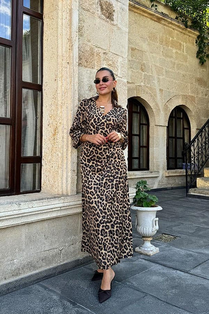 Lisadin Önü Kruvaze Leopar Elbise