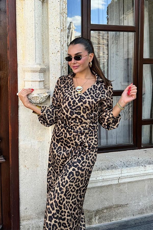 Lisadin Önü Kruvaze Leopar Elbise