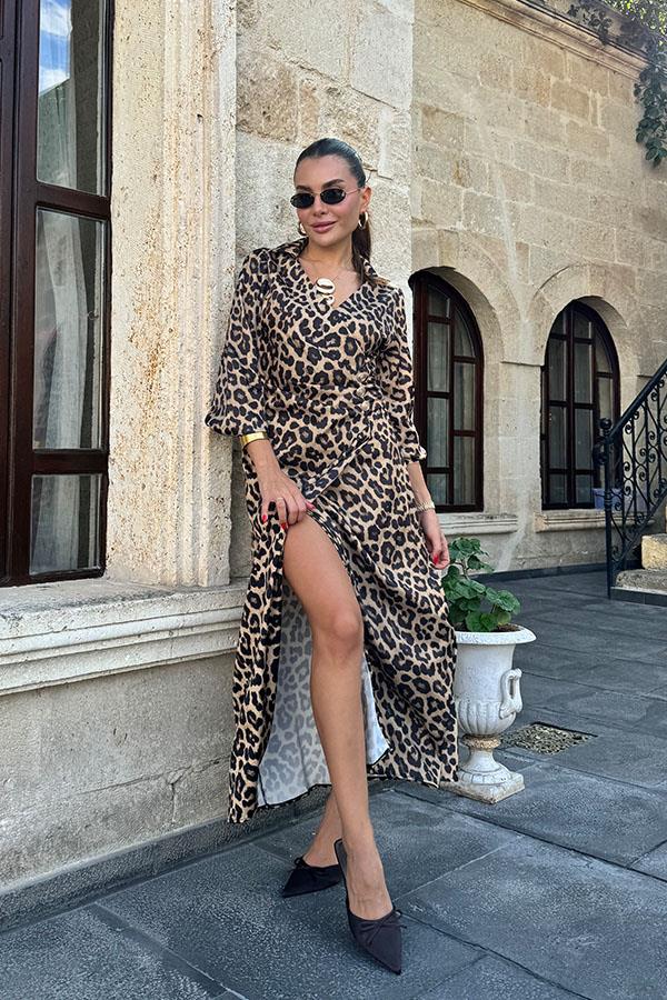 Lisadin Önü Kruvaze Leopar Elbise