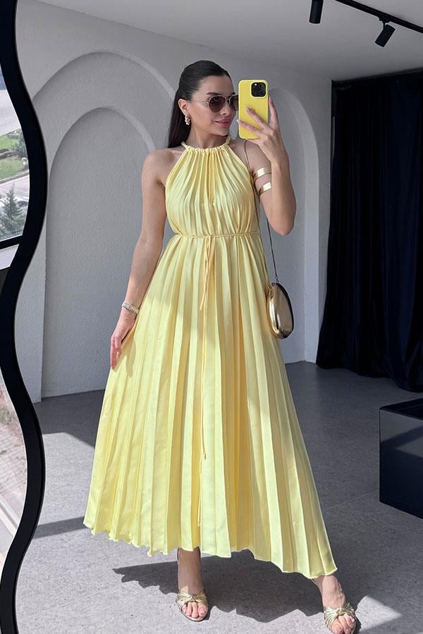 Liserli Halter yaka Piliseli Sarı Elbise