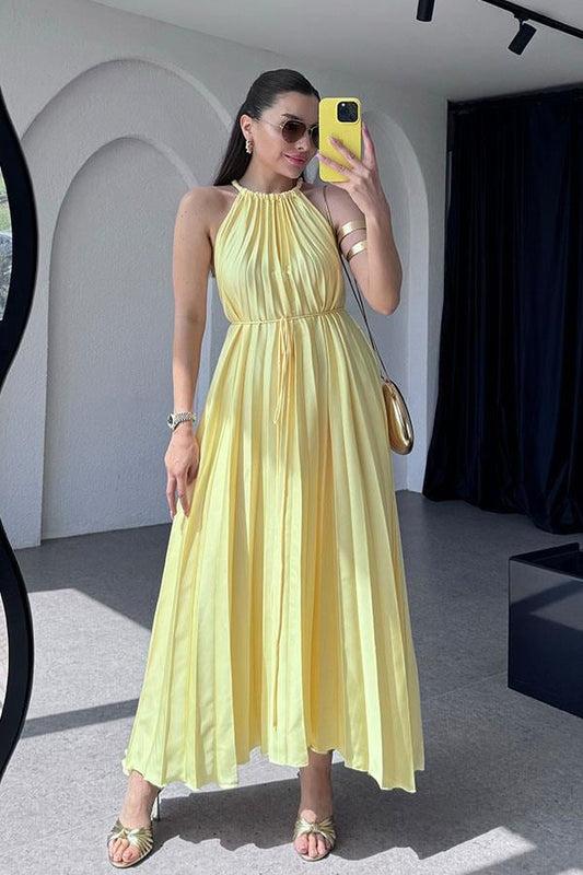 Liserli Halter yaka Piliseli Sarı Elbise