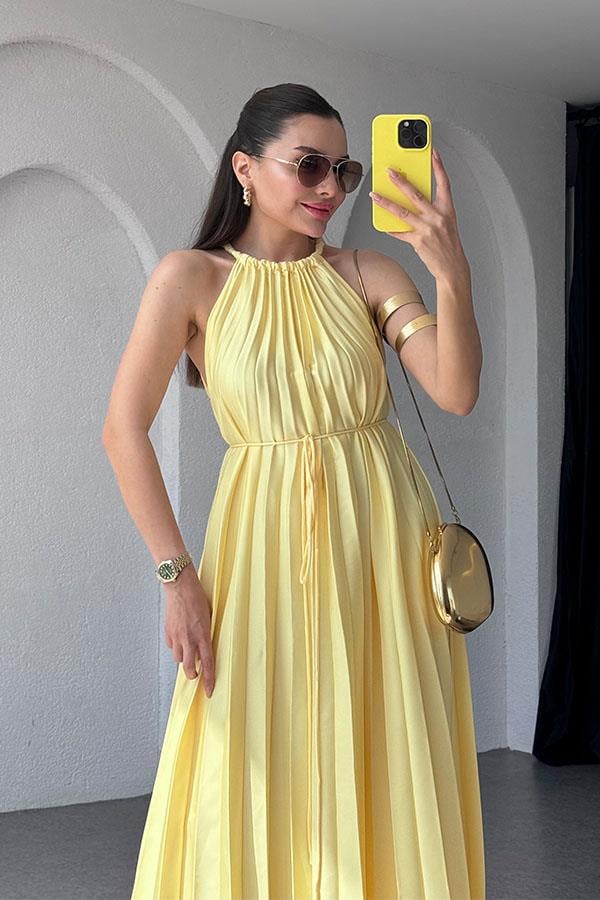 Liserli Halter yaka Piliseli Sarı Elbise