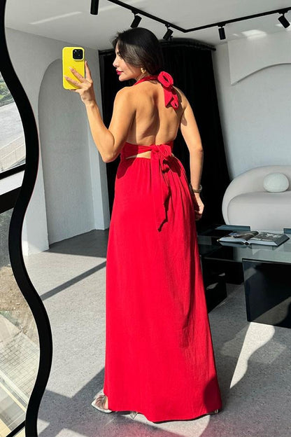 Lively Boyundan Bağlamalı Sırt Dekolteli Elbise-Kırmızı