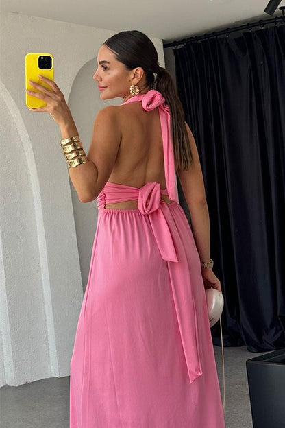 Lively Boyundan Bağlamalı Sırt Dekolteli Elbise-Pembe
