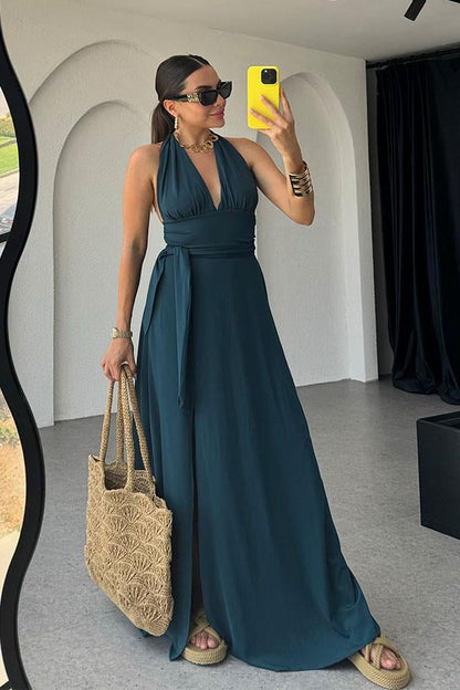 Lively Boyundan Bağlamalı Sırt Dekolteli Elbise-Zümrüt