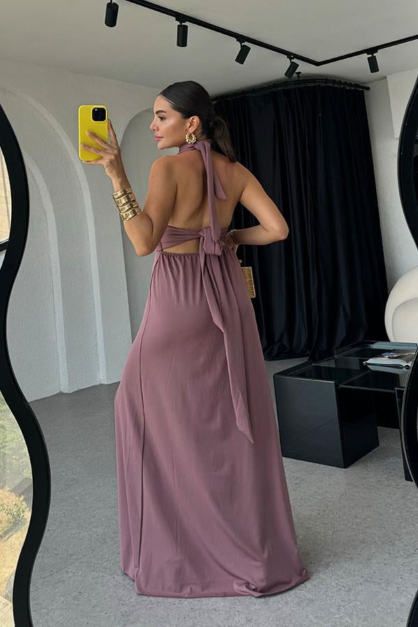 Lively Boyundan Bağlamalı Sırt Dekolteli Elbise-Gül Kurusu